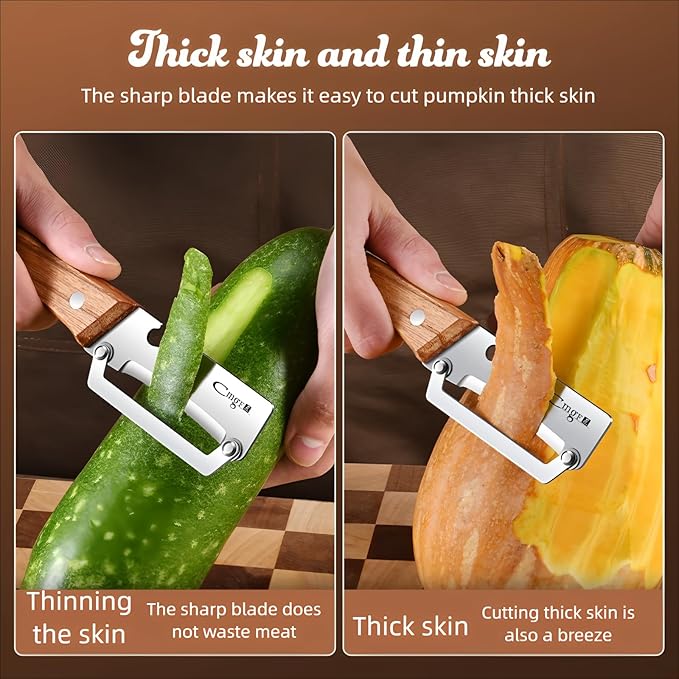 Premium Vegetable Peeler with Wooden Handle and Bottle Opener Stainless Steel Blade Kitchen Tool for Fruit Apple Potato Pumpkin Papaya Zucchini