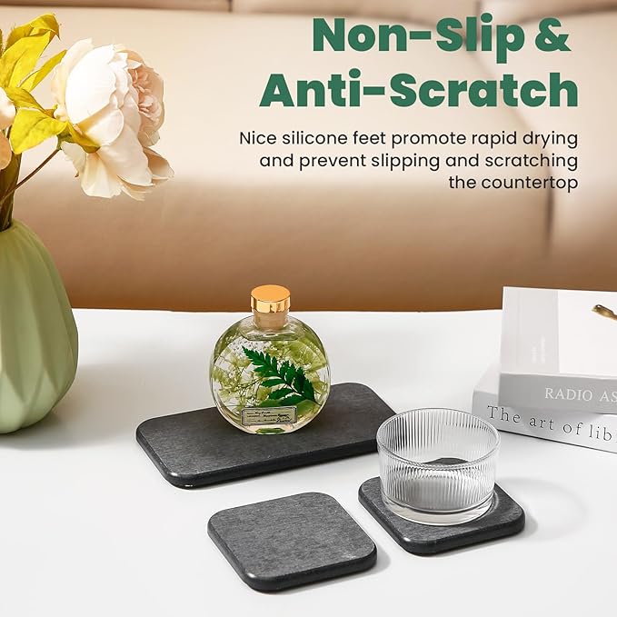 3PCS Water Absorbing Diatomaceous Earth Tray for Sink, Fast Drying Soap & Toothbrush Holders for Bathroom Counter, 1 Stone Tray, 2 Stone Coasters