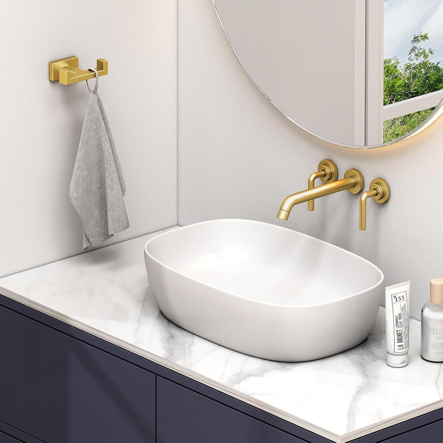 Suyar Double Towel Hook Brushed Gold, SUS304 Stainless Steel Square Coat Robe Holder, Bathroom Kitchen Towel Hanger, Wall Mounted