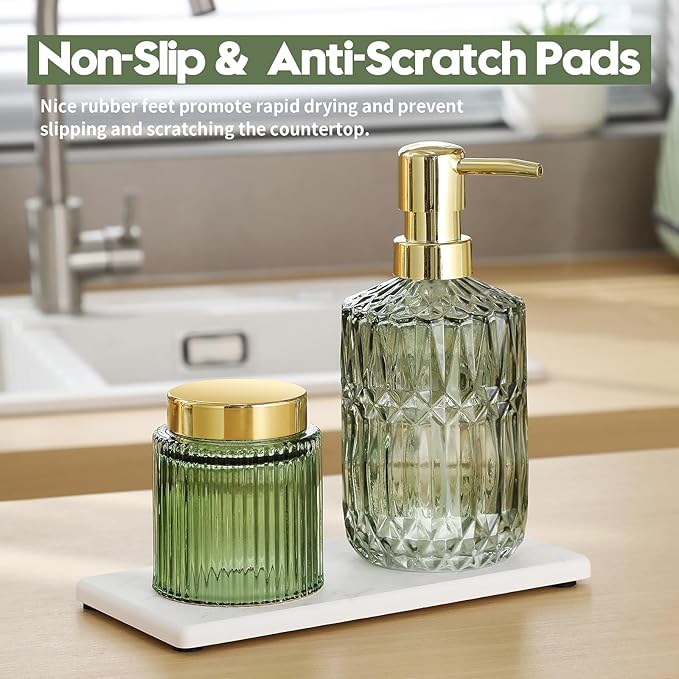 2PCS Diatomite Marble Stone Drying Mat for Kitchen Counter, Water Absorbing Soap Tray Stone Faucet Mat for Bathroom, Quick Dry Splash Guard Sink Protector, Vanity Dish Dispenser Sponge Holder, 8"x3.8"