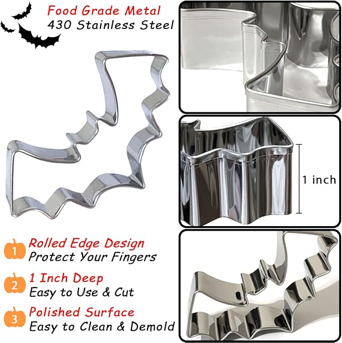 Halloween Cookie Cutters Large 7Pcs, Bat Pumpkin Magic Hat Cat Cookie Cutter, Sturdy Easy to Clean & Demold Pancake Dough Molds for Halloween Baking