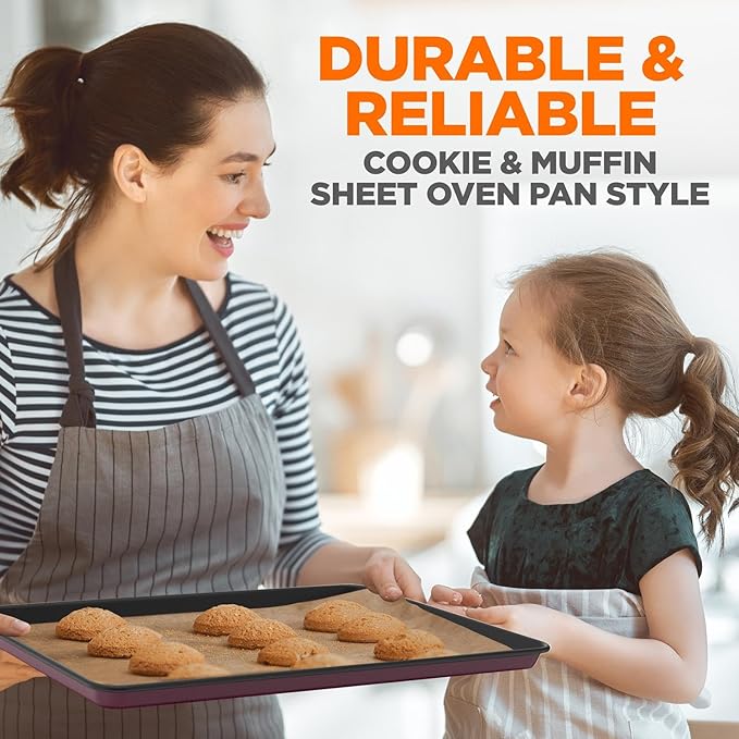 NutriChef 8-Piece Nonstick Stackable Bakeware Set - PFOA, PFOS, PTFE Free Baking Tray Set w/Non-Stick Coating, 450°F Oven Safe, Round Cake, Loaf, Muffin, Wide/Square Pans, Cookie Sheet (Plum)