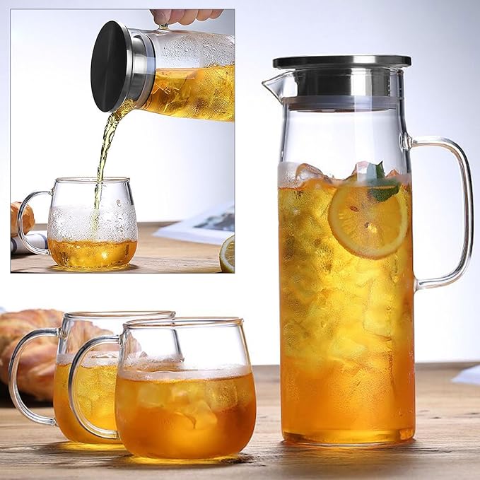hjn Glass Pitcher with Lid Glass Water Carafe with Handle, Fridge Water Jug Cold or Hot Beverages, Iced Tea, Milk, Juice 1500ml/51oz & aluminium lid