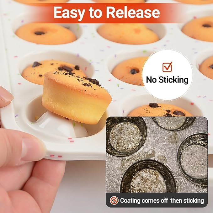 Mini Muffin Pan, Metal Reinforced Frame Mini Cupcake Pans 24 Cups Nonstick Muffin Silicone Molds with Handle for Baking Muffins, Cupcakes, Egg Bites 2 Pack