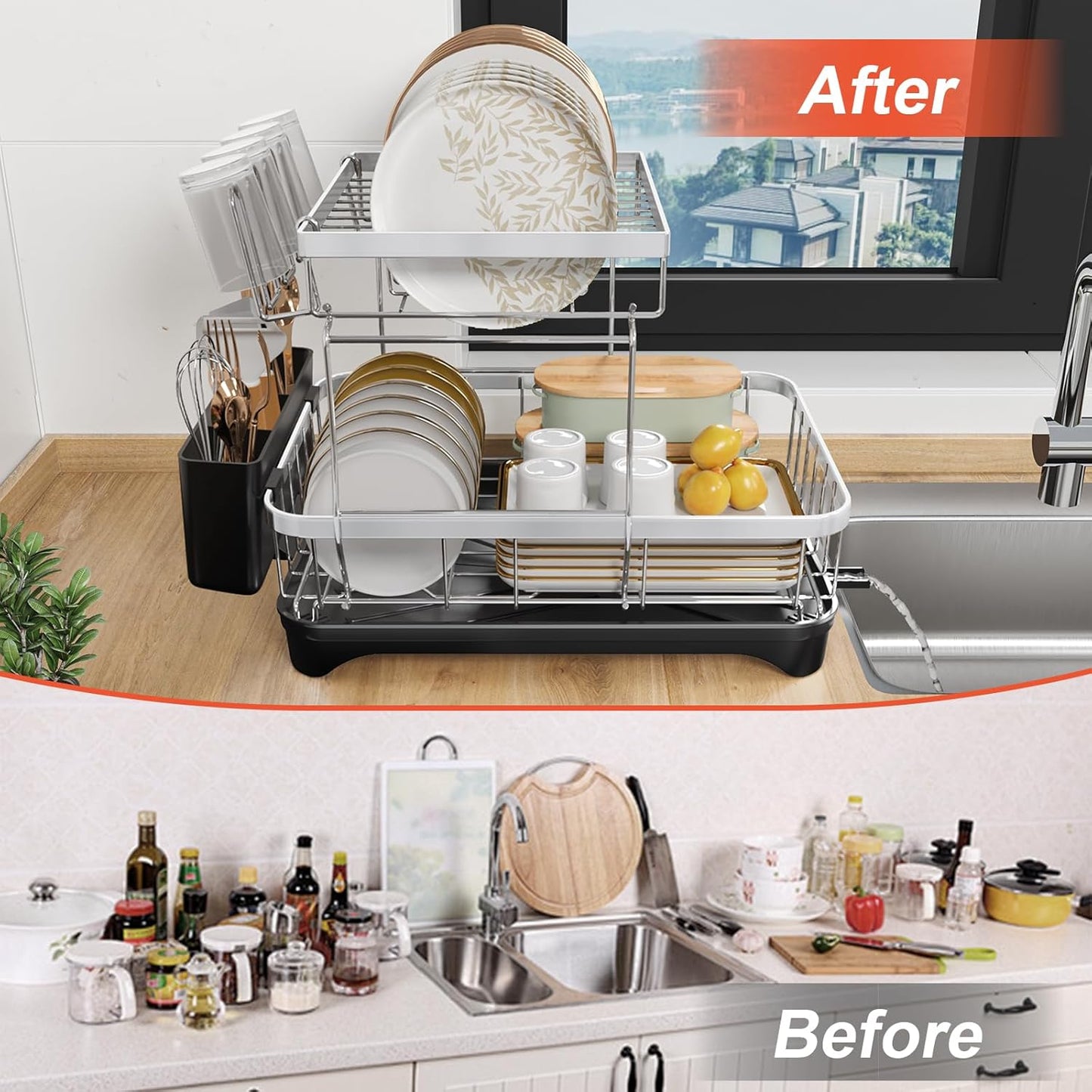 2-Tier Dish Drying Rack for Kitchen Counter, 304 Stainless Steel with Adjustable Drainboard, Removable Utensil Holder & Water Filter Tray, Black