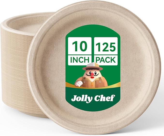 JOLLY CHEF Compostable Heavy Duty Plates 𝟭𝟬 𝗜𝗻𝗰𝗵 [𝟭𝟮𝟱 𝗣𝗮𝗰𝗸] Eco-Friendly Disposable Paper Plates Made of Bagasse Biodegradable Bulk for Party Dinner Sugarcane Fibers Round (Natural)