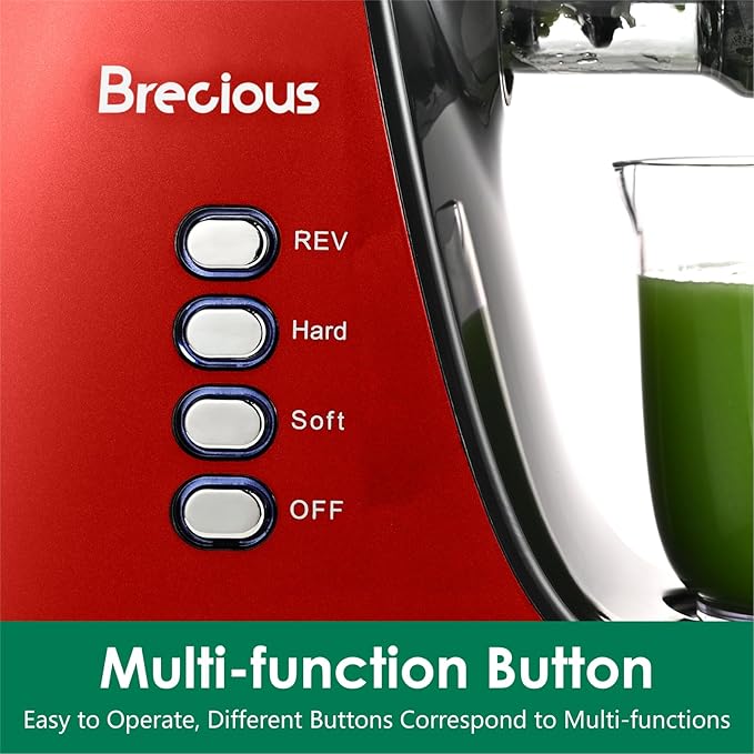 Slow Masticating Juicer,Brecious Cold Press Juicers with 2 Speed Modes & Quiet Motor,Juicers Machines Vegetable and Fruit with Reverse Function,Celery Juicer,BPA-Free,Easy to Clean (Red）