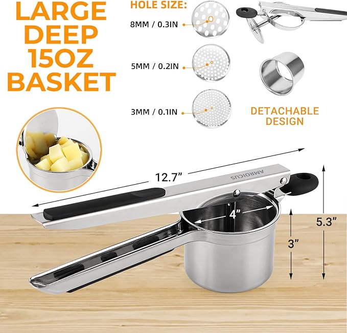 Potato Ricer 15oz, Heavy Duty Stainless Steel Potato Masher with 3 Interchangeable Discs, Large Masher and Ricer Kitchen Tool for Mashed Potatoes, Spaetzle Noodle Maker, Potato Press