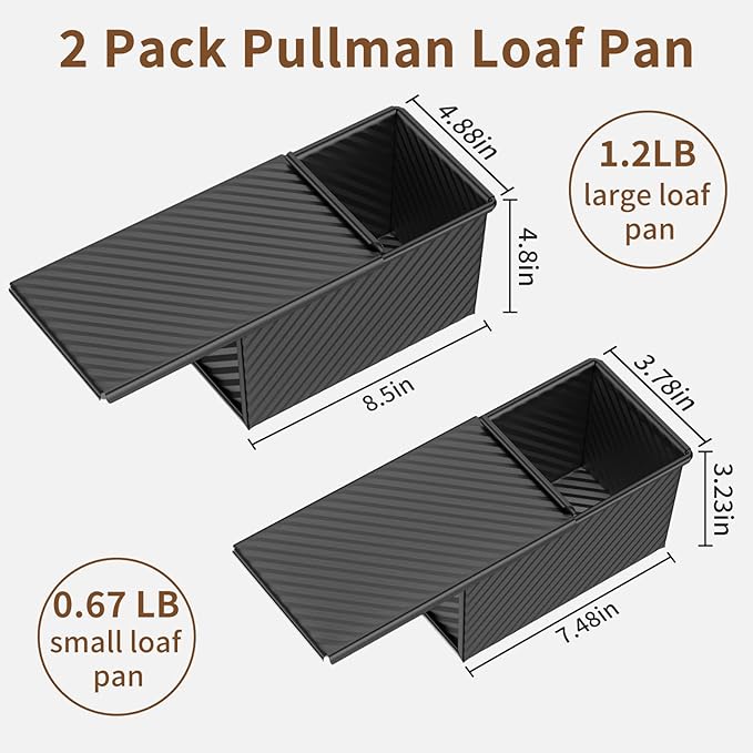 2 PCS Pullman Loaf Pan with Lid, 1.2Lb & 0.67 Lb Dough Capacity Non-Stick Bread Pans for Homemade Bread, Carbon Steel Bread Loaf Pans, Bakeware for Baking Sandwich and Toast, Black