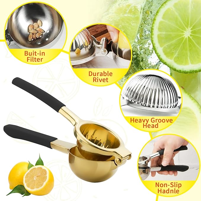 SHIKORI Gold & Black Heavy Duty Lemon Squeezer, 304 Stainless Steel Manual Citrus Press Juicer, 15% More Juice, Easy to Clean