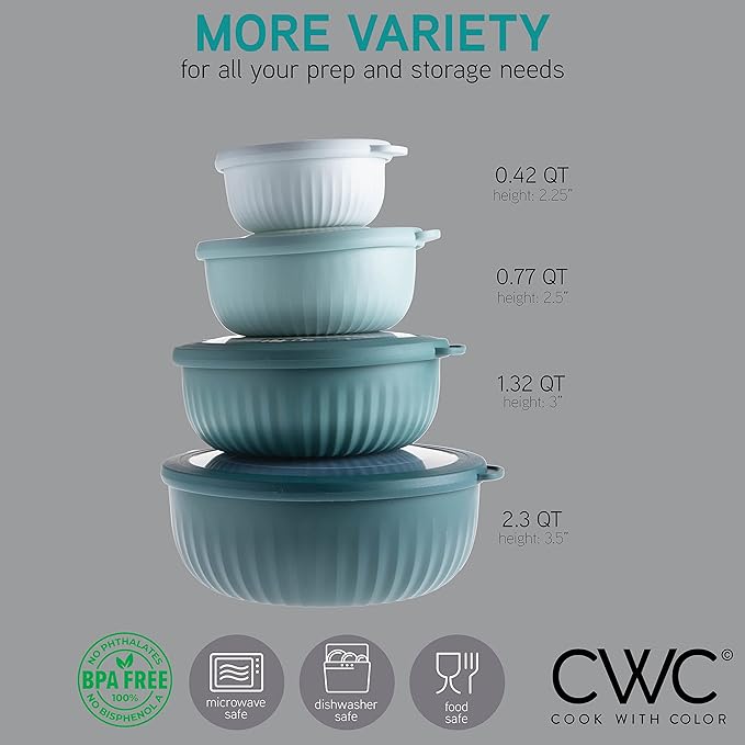 COOK WITH COLOR Prep Bowls with Lids- Wide and Deep Nesting Plastic Small Mixing Bowl Set with Lids, 8 Piece Set - Wide Bowls, Teal