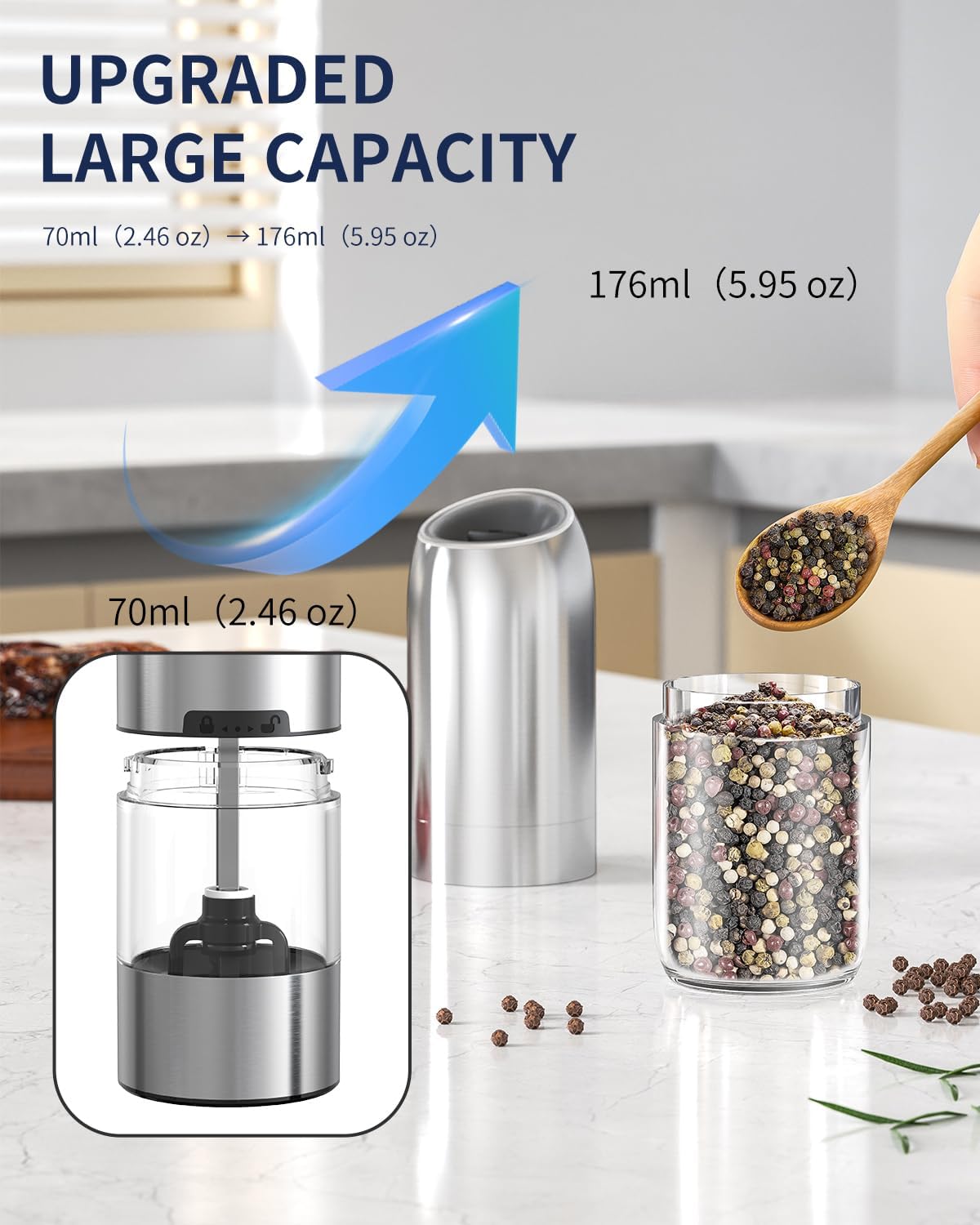 CIRCLE JOY Gravity Electric Salt and Pepper Grinder Set Battery Powered Stainless Steel Pepper Mill Grinder with 176ml Container, Adjustable Coarseness, Bright LED Light and One Hand Operation, Silver