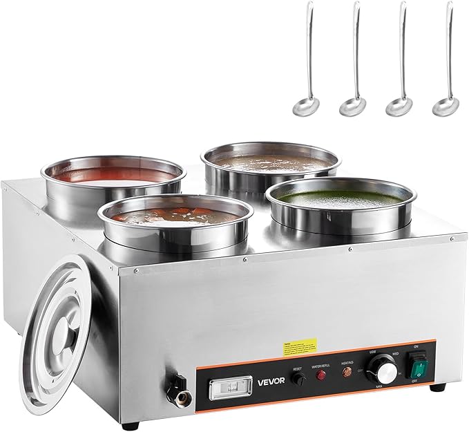 VEVOR Electric Soup Warmer, Four 6.34QT Stainless Steel Round Pot with 86~185°F Adjustable Temp, 1500W Commercial Bain Marie with Anti-Dry Burn and Reset Button, Soup Station for Restaurant, Buffet