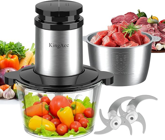 KingAcc Food Processor, 8-Cup 500W Meat Grinder & Mini Electric Vegetable Chopper with Copper Motor, 2 Blades & Dual Bowls (Glass+Stainless Steel), Overheat Protection for Baby Food/Meat/Home Kitchen
