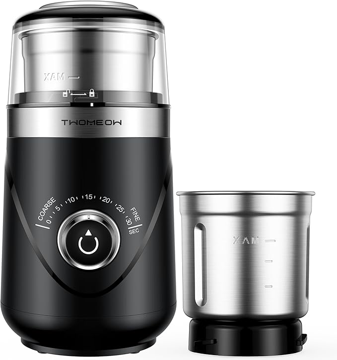 Electric Coffee Grinder with Timing Knob, Electric Quiet Grinder, High-Speed Bean and Spice Grinder with Removable Stainless Steel Bowl, Black