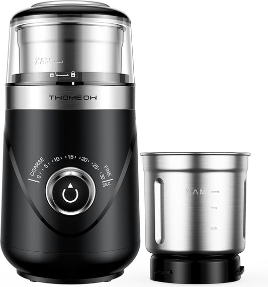 Electric Coffee Grinder with Timing Knob, Electric Quiet Grinder, High-Speed Bean and Spice Grinder with Removable Stainless Steel Bowl, Black