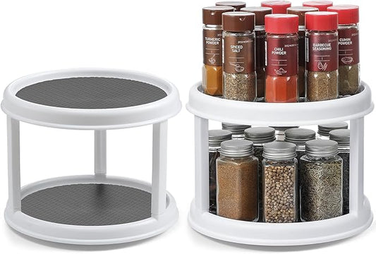 2 Pack, 2 Tier 10" Turntable Lazy Susan Spice Organizer - Rotating Seasoning Rack Spinner for Pantry Cabinet Kitchen Countertop, Table Top Organizing - Multiuse Two Tier Rotating Organization Rack