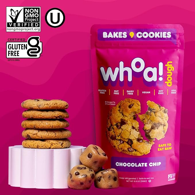 Whoa Dough Ready to Bake Cookie Dough Chocolate Chip – Certified Non-GMO, Kosher, Gluten Free – Plant-Based Snack Dough Made with Real Ingredients – 12 Pack