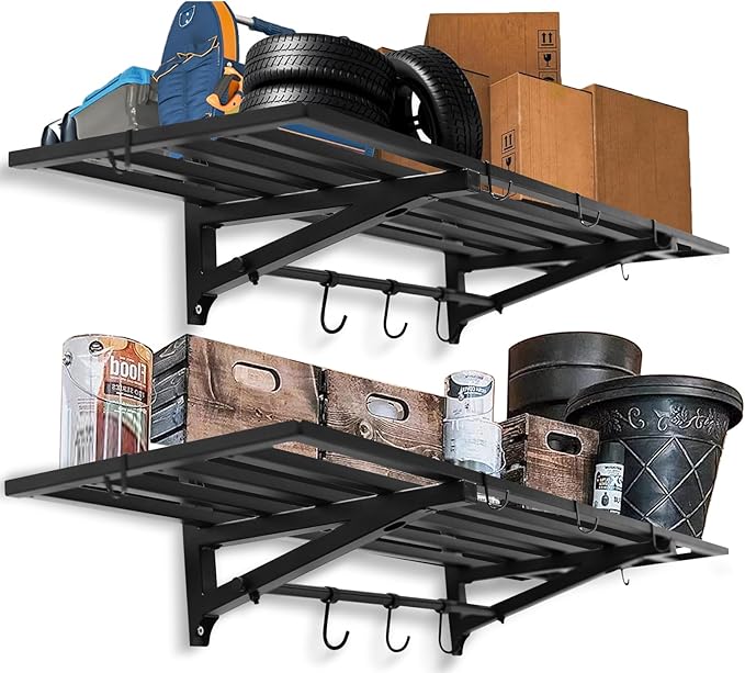 2-Pack 1.6X4 FT Garage Shelving Wall Mounted Holds Up to 800 Lbs Heavy Duty Wall Shelf, Black Metal Floating Adjustable Wall System Shelves for Garage Storage, Shed