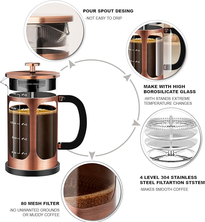 French Press Coffee Maker (21oz 600ML 3-4Cup) Coffee Press, with 4 Filters System, Heat Resistant Thickness Borosilicate Glass, Cold Brew Coffee Tea Pot Gifts (Copper)