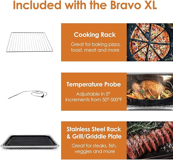 Nuwave Bravo XL Air Fryer Toaster Smart Oven, 12-in-1 Countertop Grill/Griddle Combo, 30-Qt XL Capacity, 50F-500F adjustable in precise 5F increments, Integrated Smart Thermometer, Linear T Technology