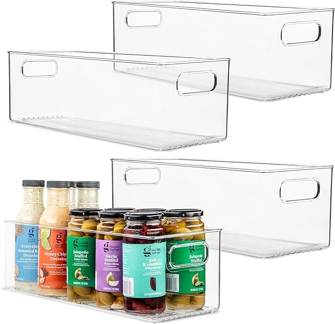 Plastic Food Storage 4 Pack Clear Container Bin with Handles for Organizing Kitchen, Pantry, Refrigerator, Freezer, Pantry, Cabinet, Closet, Bathroom. 16”x6”x5”