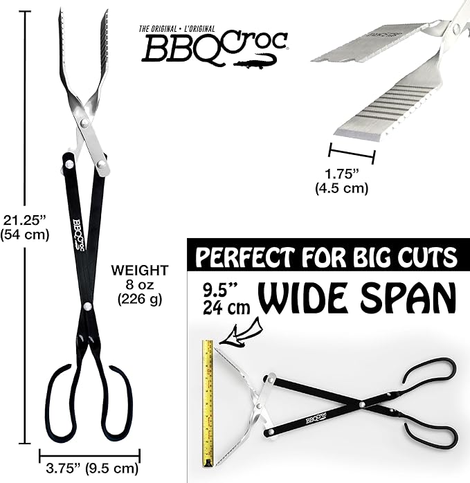 BBQCroc 3 in 1 Barbecue Tool 21-inch - Extra Light and Long Tongs, Spatula and Grill Scraper (Black)