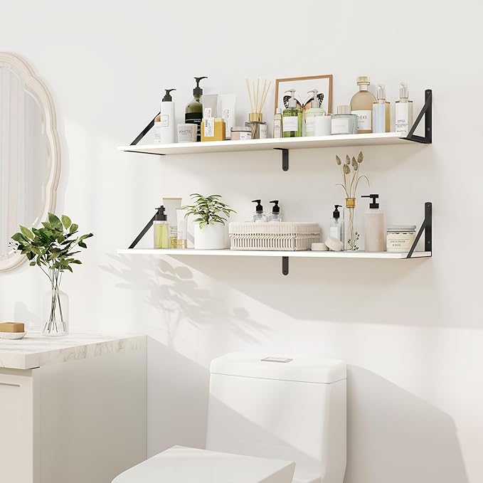 Heimlove White Deep Floating Shelves for Wall, 36W x 8D Wood Wall Shelves Set of 2, Wide Floating Bookshelf for Living Room, Kitchen, Office, Bedroom and Decor Storage, with Black Bracket - White