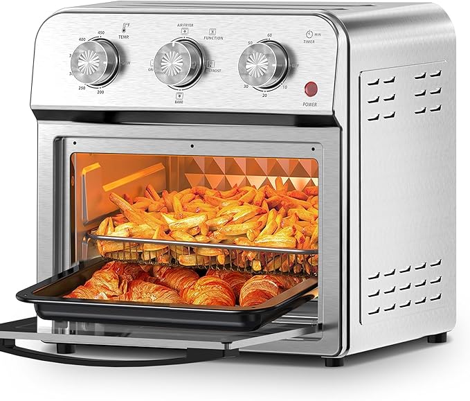 PlumChef 13 Quart 4 Slices Air Fryer Convection Toaster Oven, 1500W, Multifunction Oven for Roast, Bake, Grill, Broil, Toast（stainless steel）