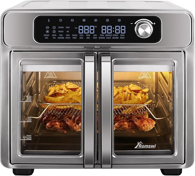 Romswi 26QT French Door Air Fryer Toaster Oven Combo, 24 Cooking Functions and Digital Controls, Fits 12" Pizza, 6 Slices of Toast, Rotisserie 6lb Chicken, 6 Accessories Included