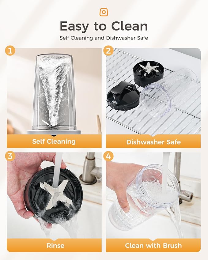 iCucina Smoothie Blender, 1000W Personal Blender for Shakes and Smoothies with 2 x 32oz Protable Cups and Lids, Single Serve Blenders for Ice Crushing, Bean Grinding, Frozen Fruit Drinks, Black