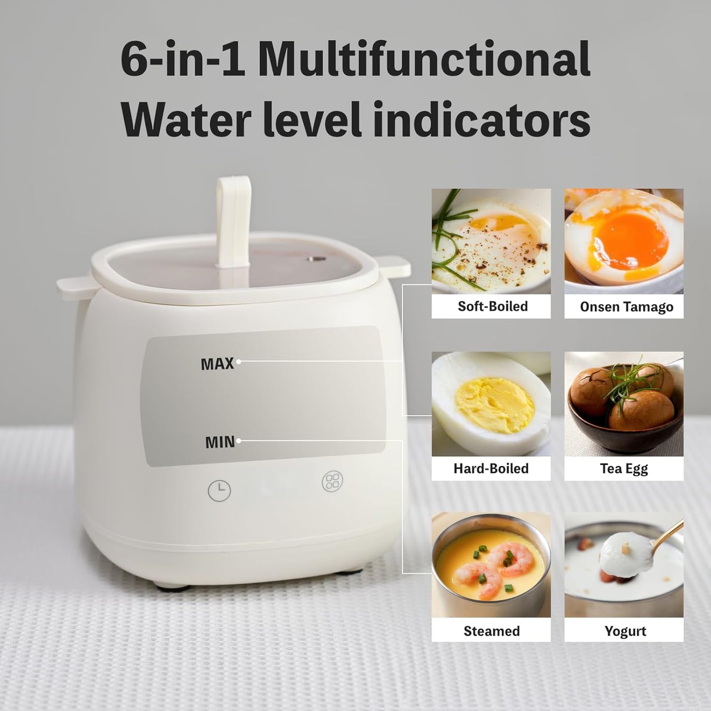 Electric Egg Cooker 6-in-1 with Auto Shut Off, Egg Steamer for Soft/Hard Boiled Eggs, Onsen Tamago, Tea Eggs, Custard, Yogurt Maker (BPA-Free Stainless Steel, Compact for Dorm/Keto Kitchen)
