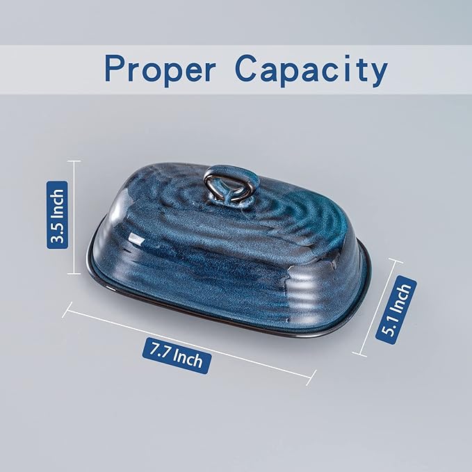 Hasense Porcelain Butter Dish with Lid, Covered Butter Container with Handle Design for Countertop, Blue