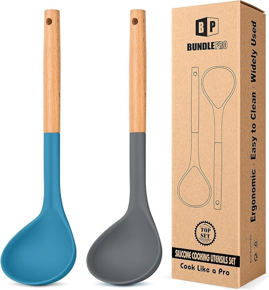 Pack of 2 Soup Ladle, Silicone Ladle Spoon with Wooden Handle, Large Non Stick High Heat Resistant Kitchen Utensils for Cooking, Stirring, Serving Soups(GRAY-BLUE)