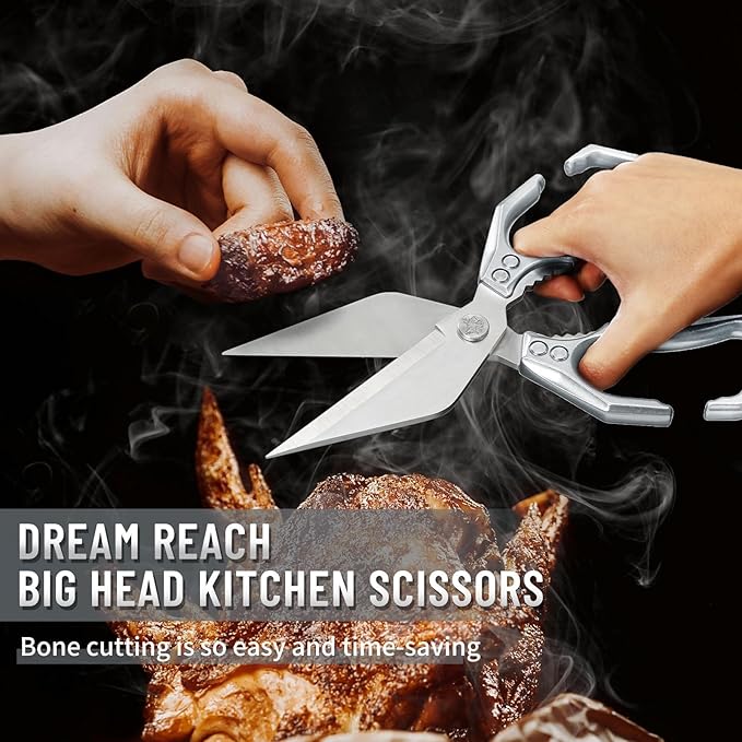 Dream Reach Heavy Duty Poultry Shears Kitchen Scissors Dishwasher Safe with Ergonomic Handle, Japanese High-Carbon Steel Cooking Shears for Chicken, Meat, Seafood, Bone Cutting (Silver)