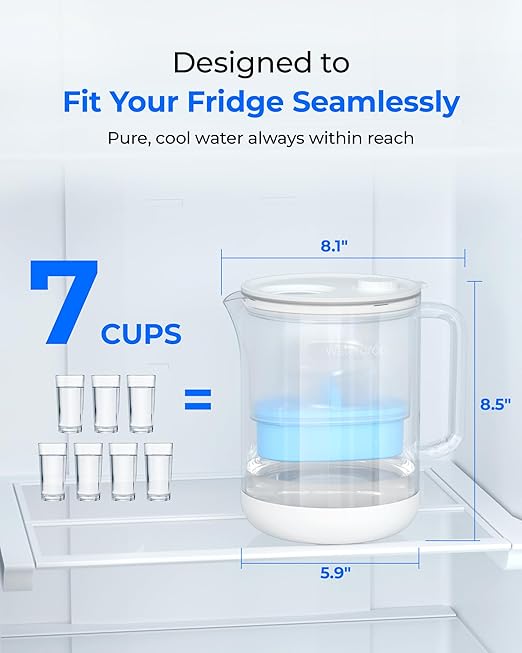 Waterdrop Glass Alkaline Water Filter Pitcher with 1 Filter, Enhances Alkaline Water, Eco-Friendly, 7-Cup, for Home & Office, Reduces PFOA/PFOS, Chlorine, Cadmium, Copper, Mercury, Clear, WD-PT-72C-A