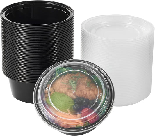 FULING 38 oz 50 ct Round Meal Prep Containers with Lids Plastic Food Storage To Go Lunch Plan Box Disposable Take Out Bowls Black BPA Free Reusable Durable Stackable Microwave Freezer Dishwasher Safe
