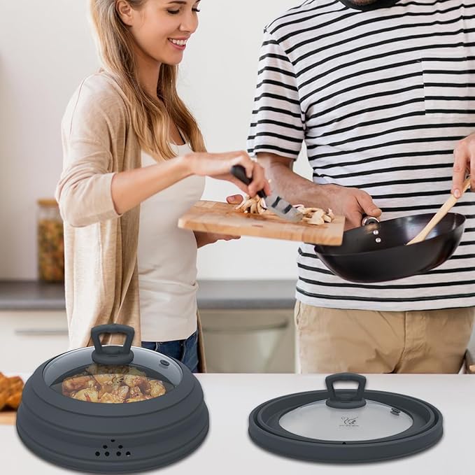 Microwave Splatter Cover Vented Glass Splatter Guard Lid with Collapsible Silicone for Food as Pot Cover Plate 10.8 inch for 6 7 8 9 10 inch Plate Bowl