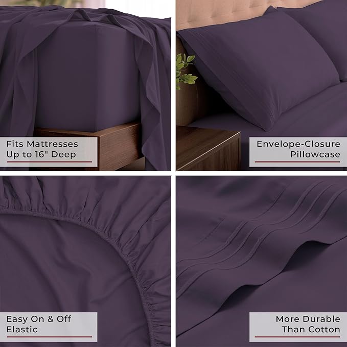 Mellanni California King Sheets Set - 4 PC Iconic Collection Bedding - Hotel Luxury, Extra Soft, Cooling Bed Sheets - Wrinkle, Fade, Stain Resistant (Cal King, Purple)