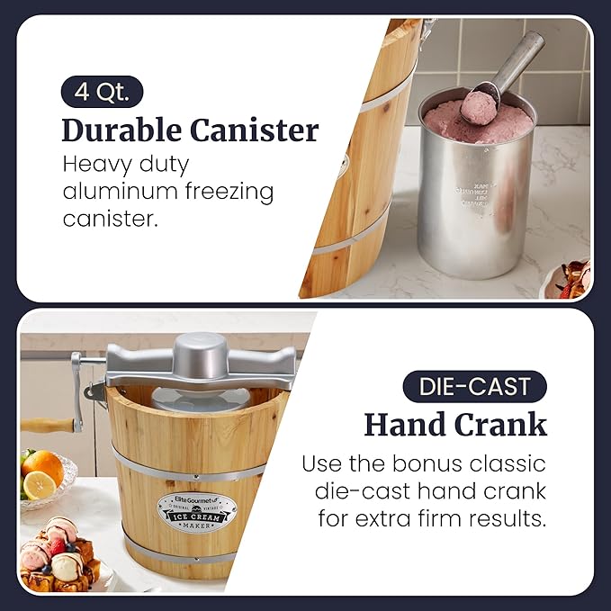 Elite Gourmet EIM402 Old Fashioned 4 Quart Vintage Wood Bucket Electric Ice Cream Maker Machine, Bonus Classic Die-Cast Hand Crank for Churning, Uses Ice and Rock Salt Churns Ice Cream in Minutes