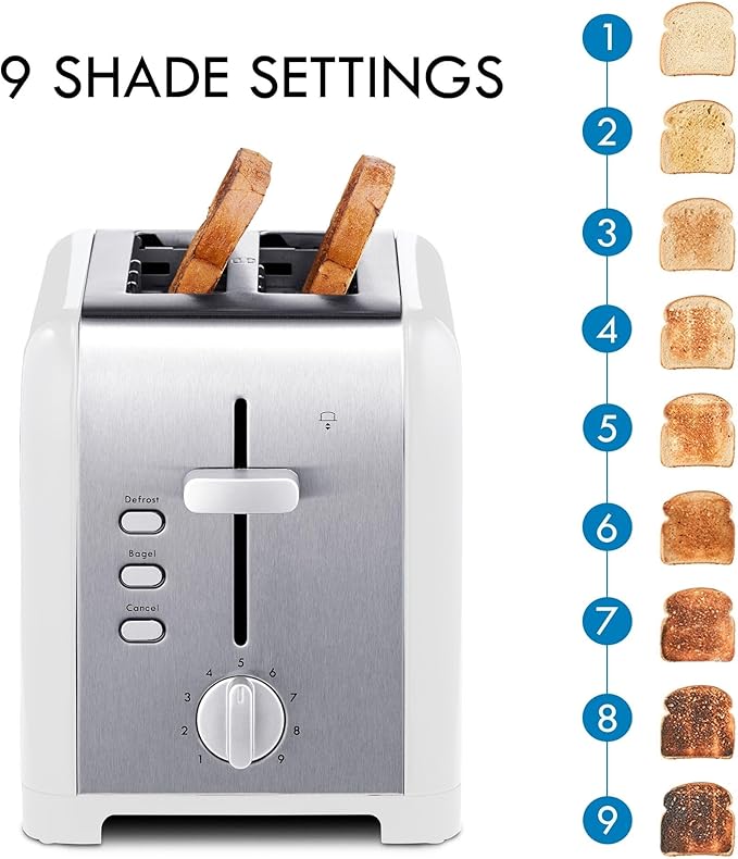 Kenmore toaster 2 slice - extra wide slot countertop kitchen appliance, defrost function, tostador de pan, 9 shade settings, compact design, easy clean crumb tray, bread bagel, stainless steel & White