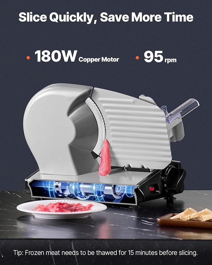 VEVOR Meat Slicer, 8.7 inch Electric Deli Food Slicer with Two Premium SUS420 Blades, 0-0.6 inch Adjustable Thickness, 180W Food Slicer Machine for Meat, Hard Bread and Cheese, Home Use