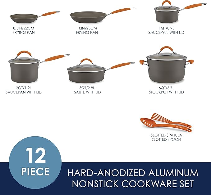 Rachael Ray Cucina Dishwasher Safe Hard Anodized Nonstick Cookware Pots and Pans Set, 12 Piece, Gray with Orange Handles