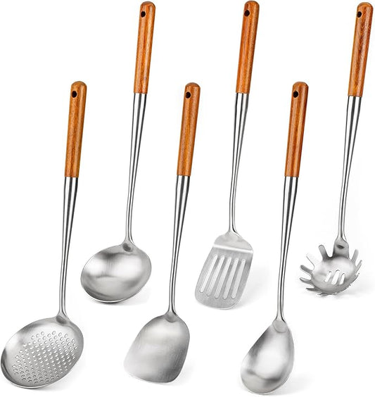 FJNATINH 304 Stainless Steel Kitchen Utensil Sets-6 PCS Wok Spatula Sets Cooking Utensil Tools Spatula, Soup Ladle, Skimmer, Slotted Spatulas Tunner, Spaghetti Spoon