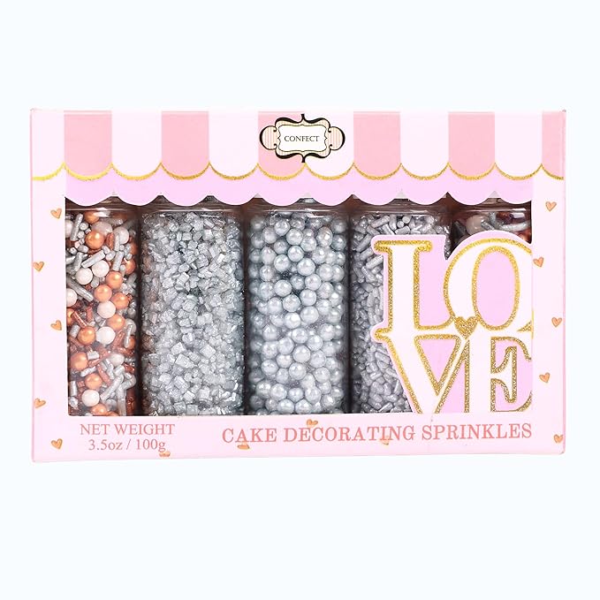 Confect Edible Cake Sprinkles Mix – Silver, Bronze & White Pearls, Silver Jimmies, Sparkling Sugar – Dessert Toppings for Cakes, Cupcakes, Cookies & Baking Decoration | Vegan, Gluten-Free, Nut-Free, Soy-Free, Dairy-Free, Palm Oil-Free- 5 Oz