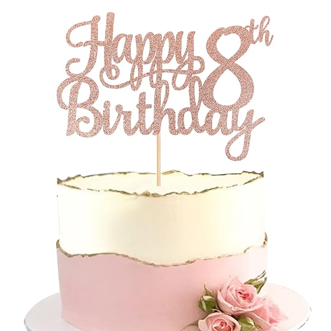 1 PCS Happy 8th Birthday Cake Topper Glitter Cheers to 8 Years Cake Pick Number 8 Fabulous Cake Decoration for 8th Birthday Party Decorations Supplies Rose Gold