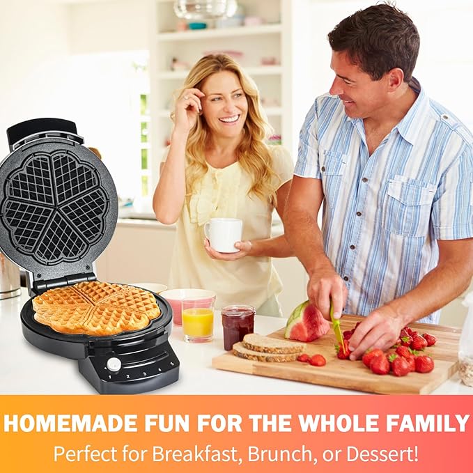 Electric Heart-shape Waffle Maker: 5-Temp Control & Fast Heating - Black round Shape with Non-Stick Scratch-Resistant Coating for Belgian Waffles（Single-plate）