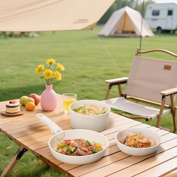 JEETEE Pots and Pans Set Non Stick 20 Pcs, Cookware Set Detachable Handle, RV Kitchen Cooking Set Removable Handles, Stackable Non-stick Set, Oven Safe, Beige