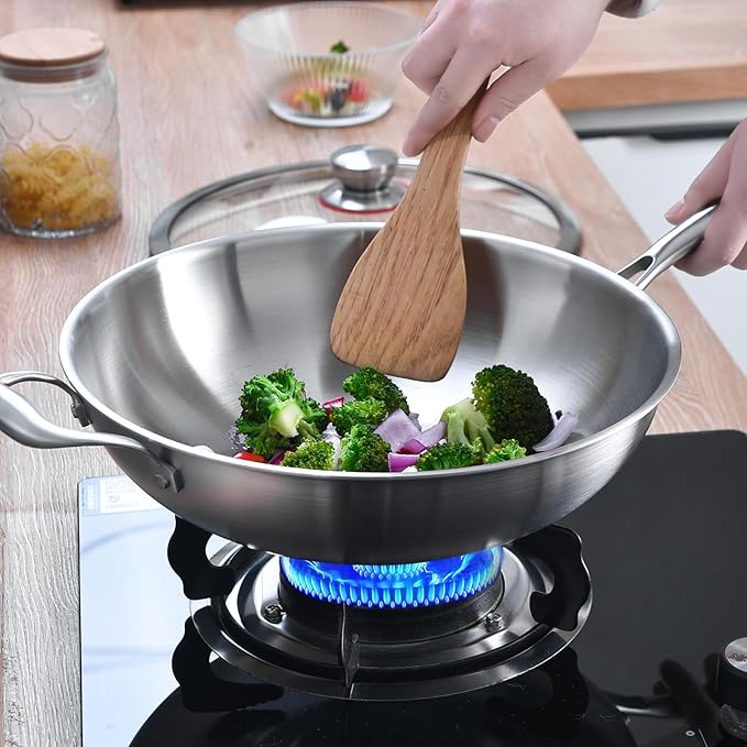 LOLYKITCH 14.5 Inch Tri-Ply Stainless Steel Wok Pan, Stir-Fry Pan,Induction Chef's Cooking Pan,Dishwasher and Oven Safe,Heavy Duty and Detachable Handle