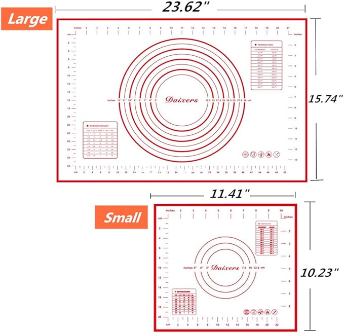 Silicone Baking Mats Set of 2,Large 23.62" x 15.74" Small 11.41" x 10.23",Non Stick Non Skid Pastry-Mat with Measurements (Red)